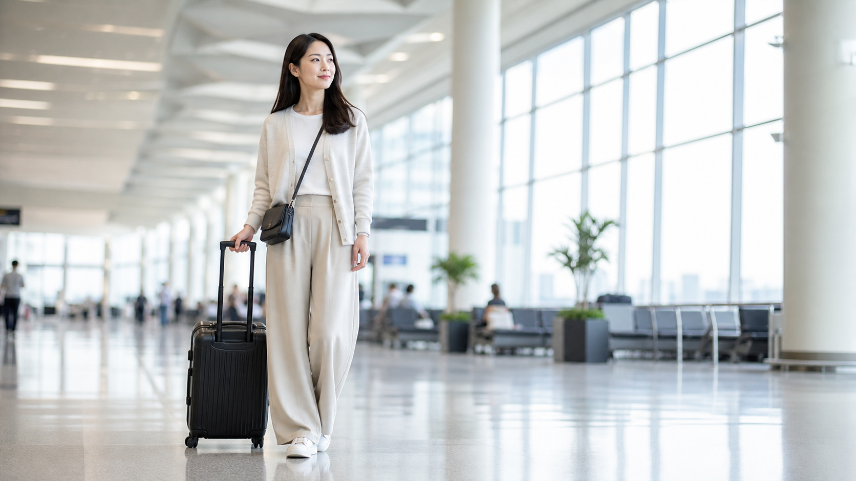 高身長女子が空港でスーツケースを持って快適に旅行する様子