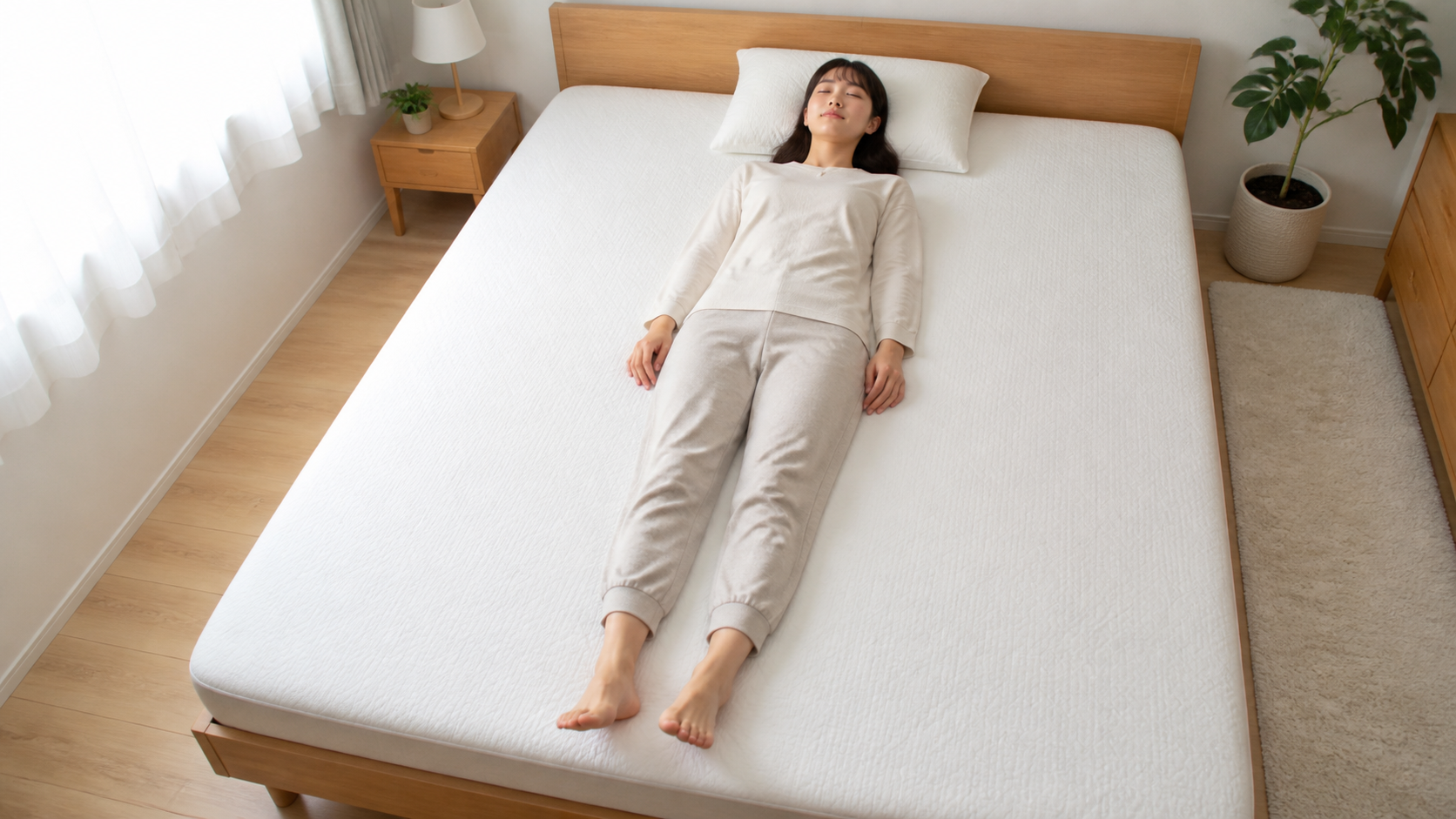 高身長女子が長さと幅に余裕のあるマットレスで横になっている様子