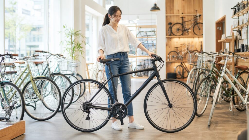 自転車店でフレームサイズとサドル位置を確認する高身長女子