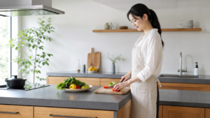 身長に合う高さのキッチンで姿勢よく調理する高身長女子