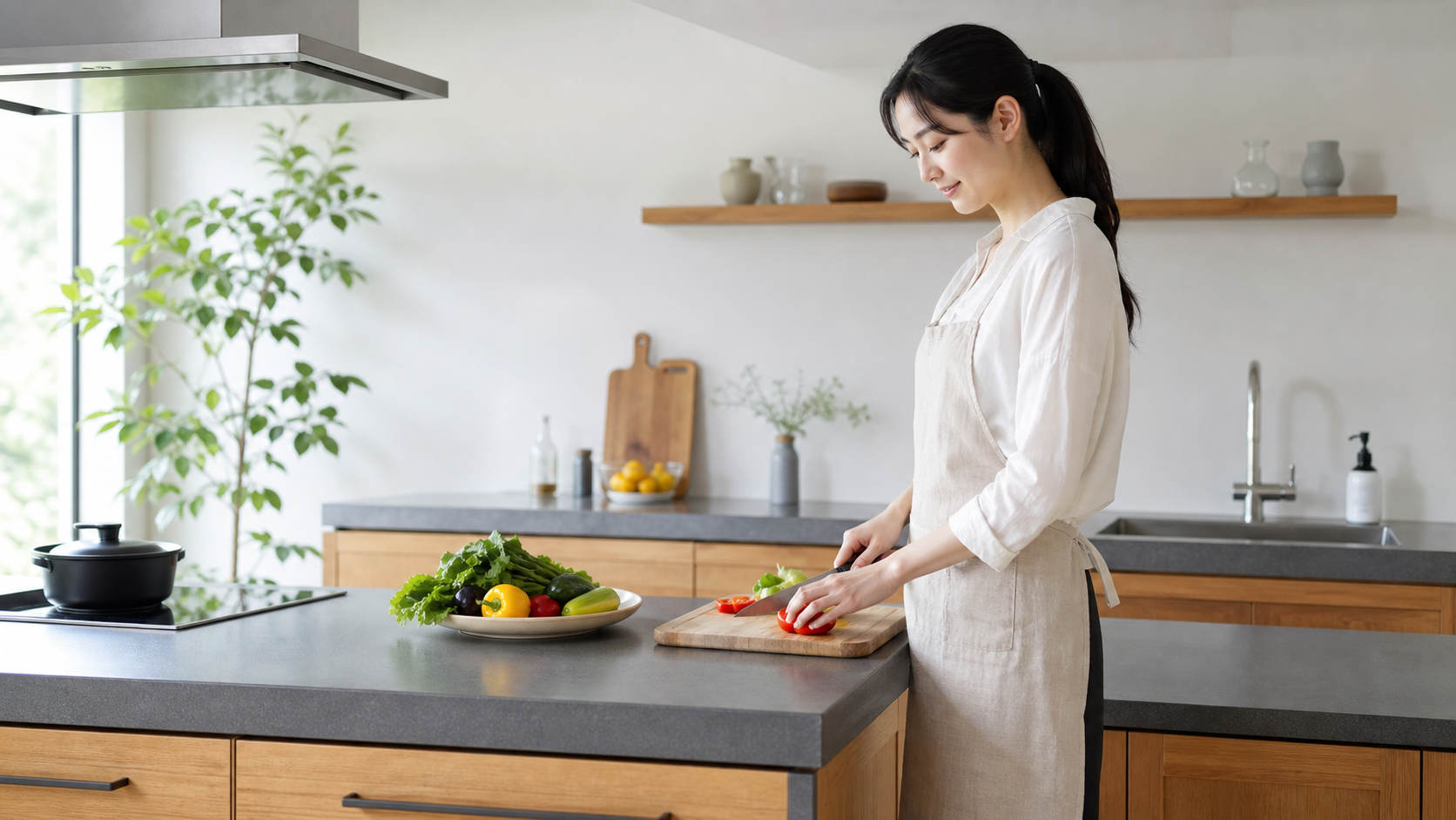 身長に合う高さのキッチンで姿勢よく調理する高身長女子