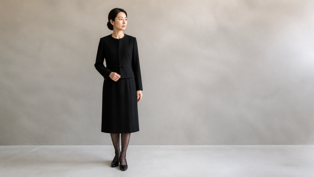 トールサイズの黒い喪服を着た高身長女性