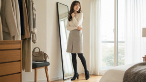 高身長女性が自分に合う黒タイツを着用した冬のコーディネート