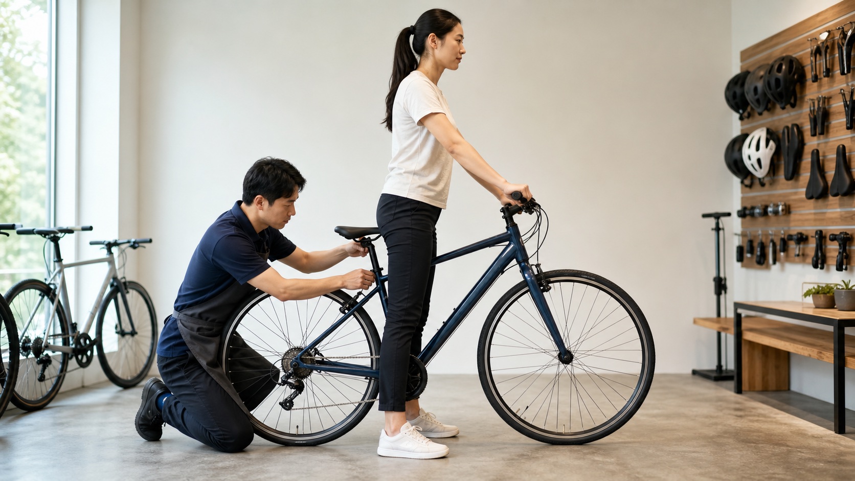 高身長女子が自転車店で股下とフレームサイズを合わせる様子