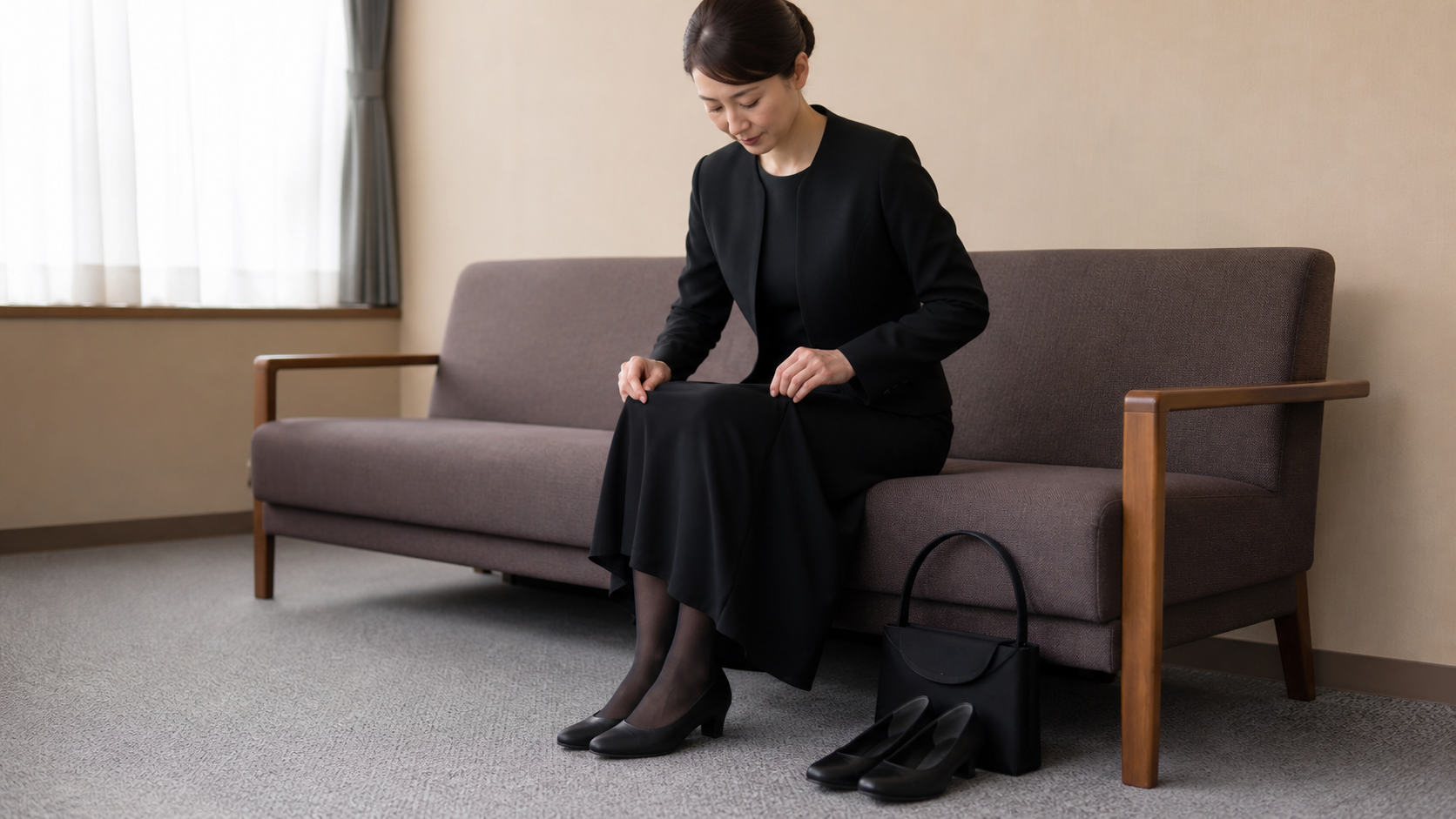 座った姿勢で喪服の着丈を確認する高身長女性と黒い小物