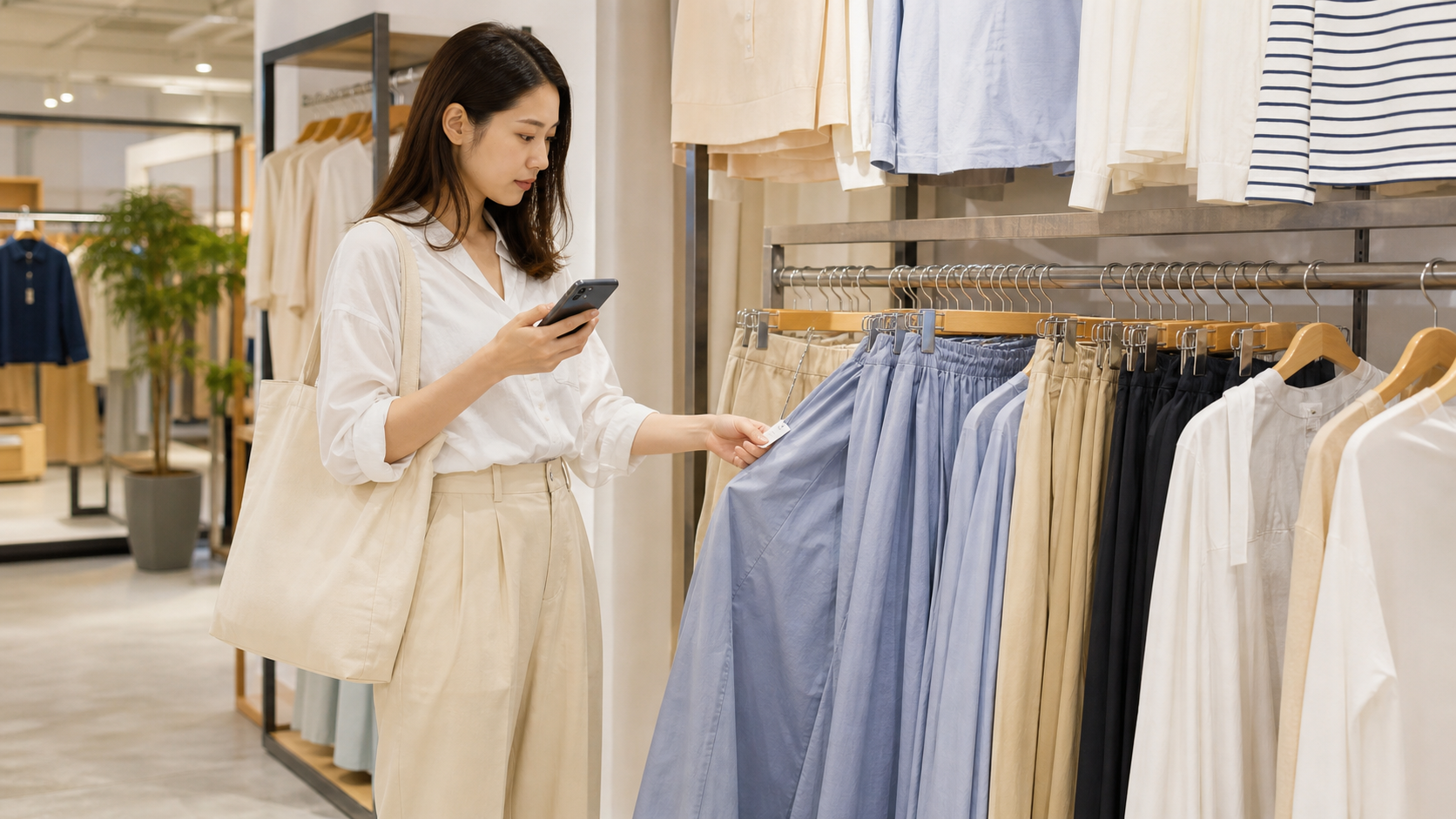 しまむらで高身長女子向けの服をスマホと品番で探す様子