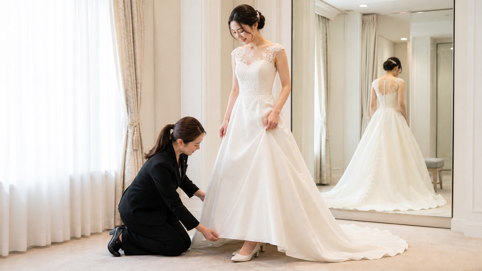 高身長の花嫁が本番用ヒールでドレス丈を試着確認している様子