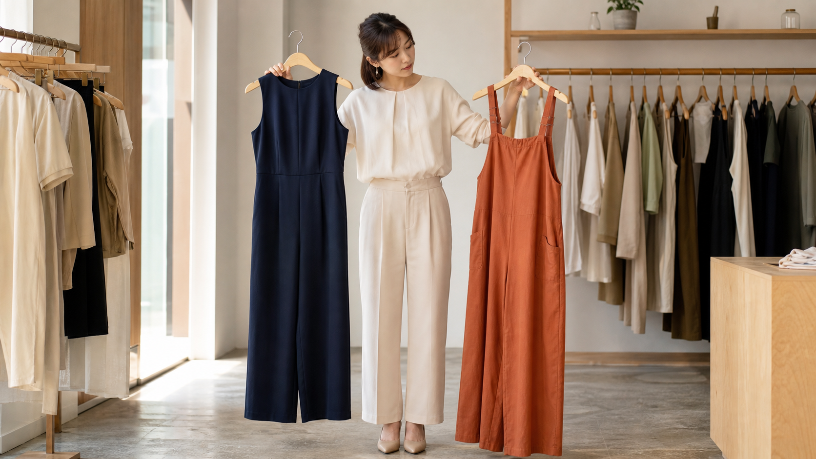 高身長女子が異なる形のオールインワンとサロペットを比較する様子