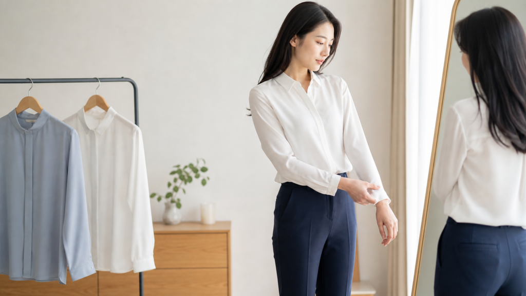 鏡の前で仕事用ブラウスの袖丈を確認する高身長女子