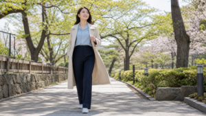 春の公園でロングトレンチとフルレングスパンツを着る高身長女子