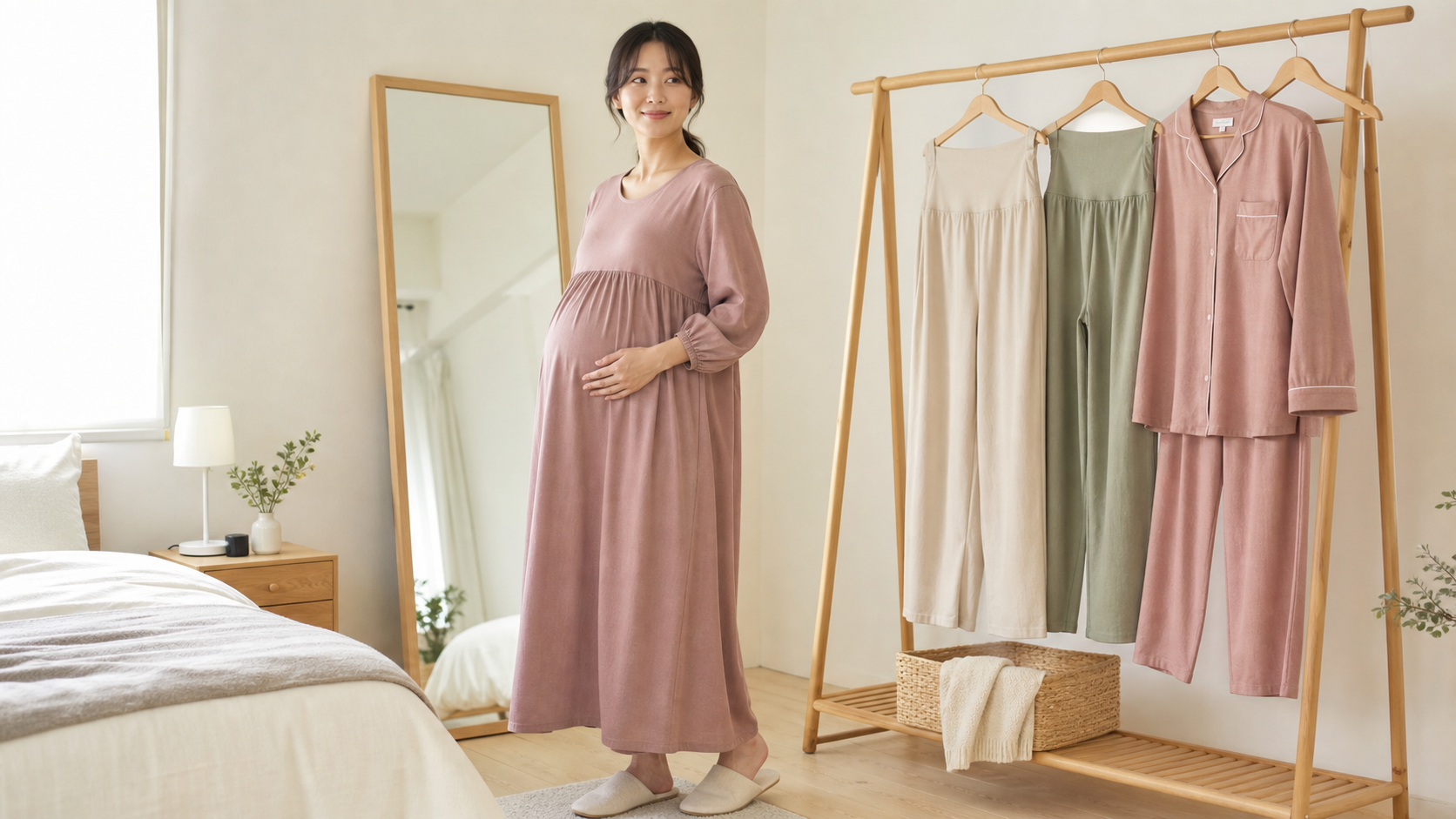 高身長の妊婦が丈の合うマタニティウェアを選ぶ様子