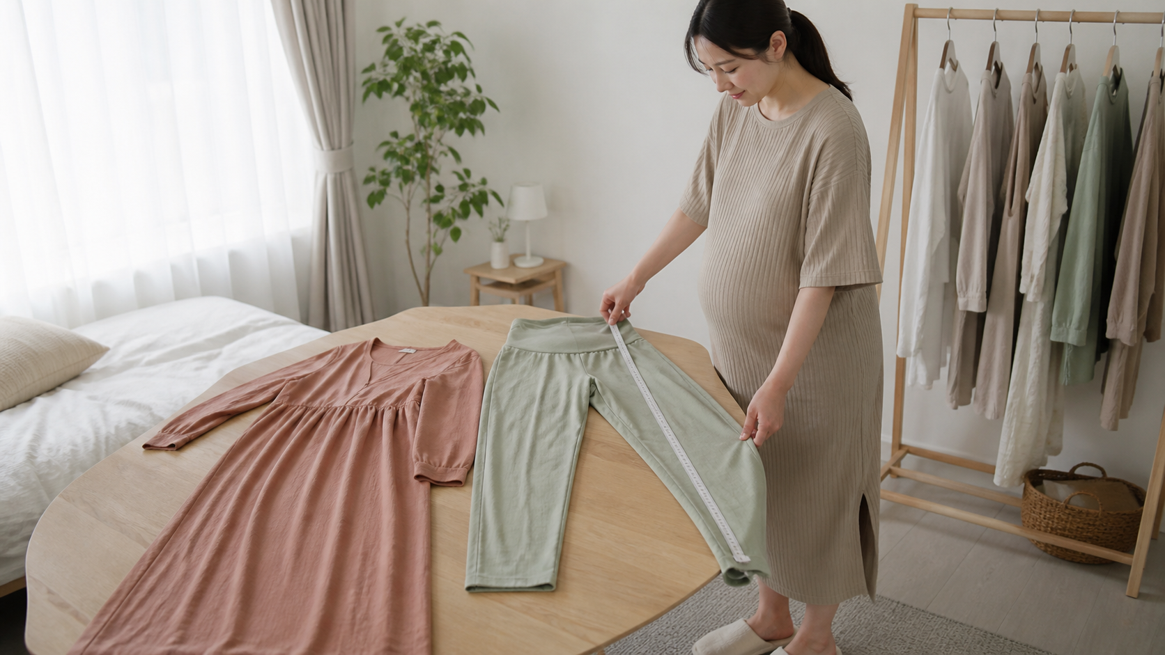 高身長の妊婦が手持ち服を採寸してマタニティウェアの必要丈を確認する様子