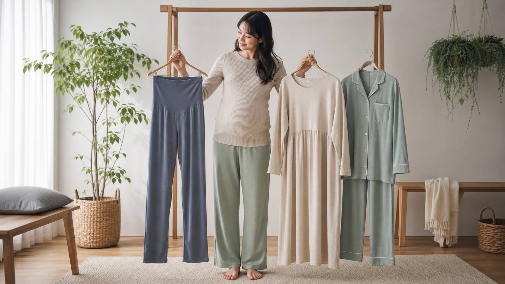 高身長向けマタニティパンツとワンピースとパジャマの丈を比較するイメージ