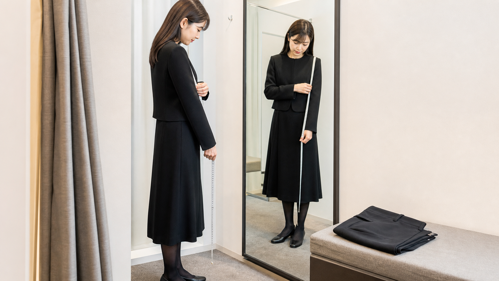 鏡の前で喪服の着丈と袖丈を確認する高身長女性