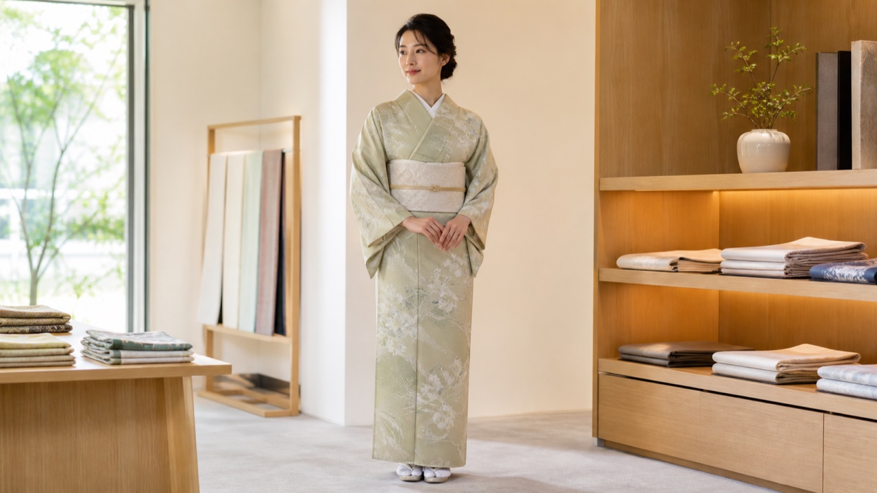 高身長女性が自分に合う着物を選ぶ様子