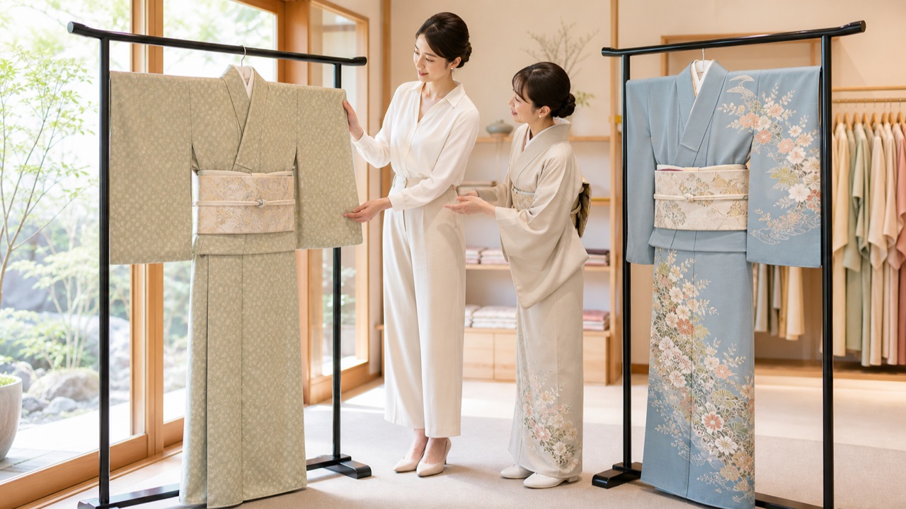 高身長女性が小紋と訪問着を比較する様子
