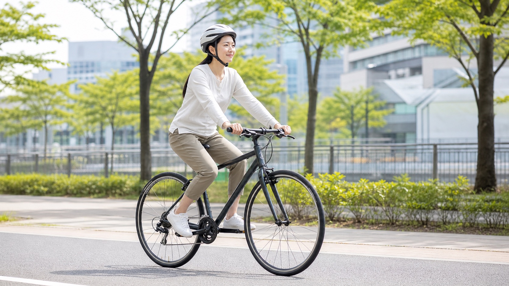高身長女子がサドル高とハンドル位置を確認しながら自転車を試乗する様子