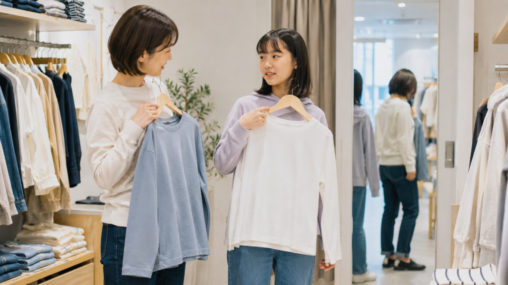 背が高い小学生女子と母親が子供服と大人服を比較している様子