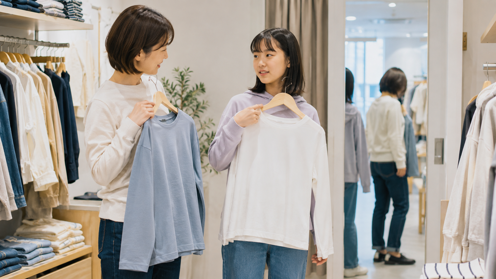 背が高い小学生女子と母親が子供服と大人服を比較している様子