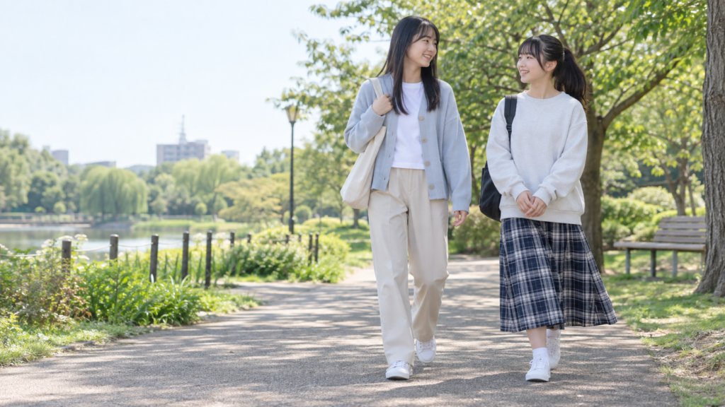 高身長女子の中学生が休日コーデで公園を歩く様子