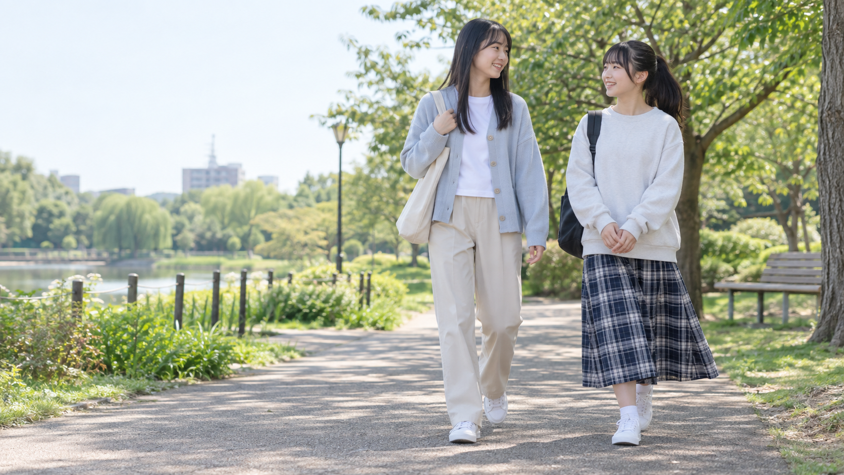 高身長女子の中学生が休日コーデで公園を歩く様子