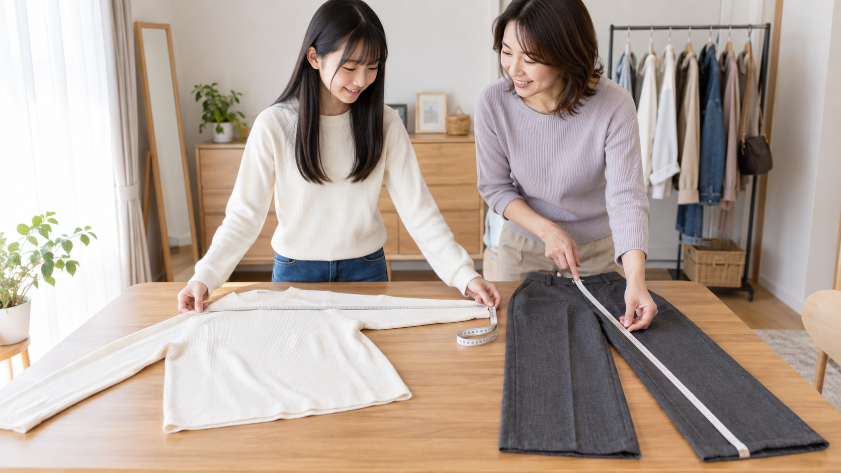 親子で中学生の服の袖丈と股下を測る様子