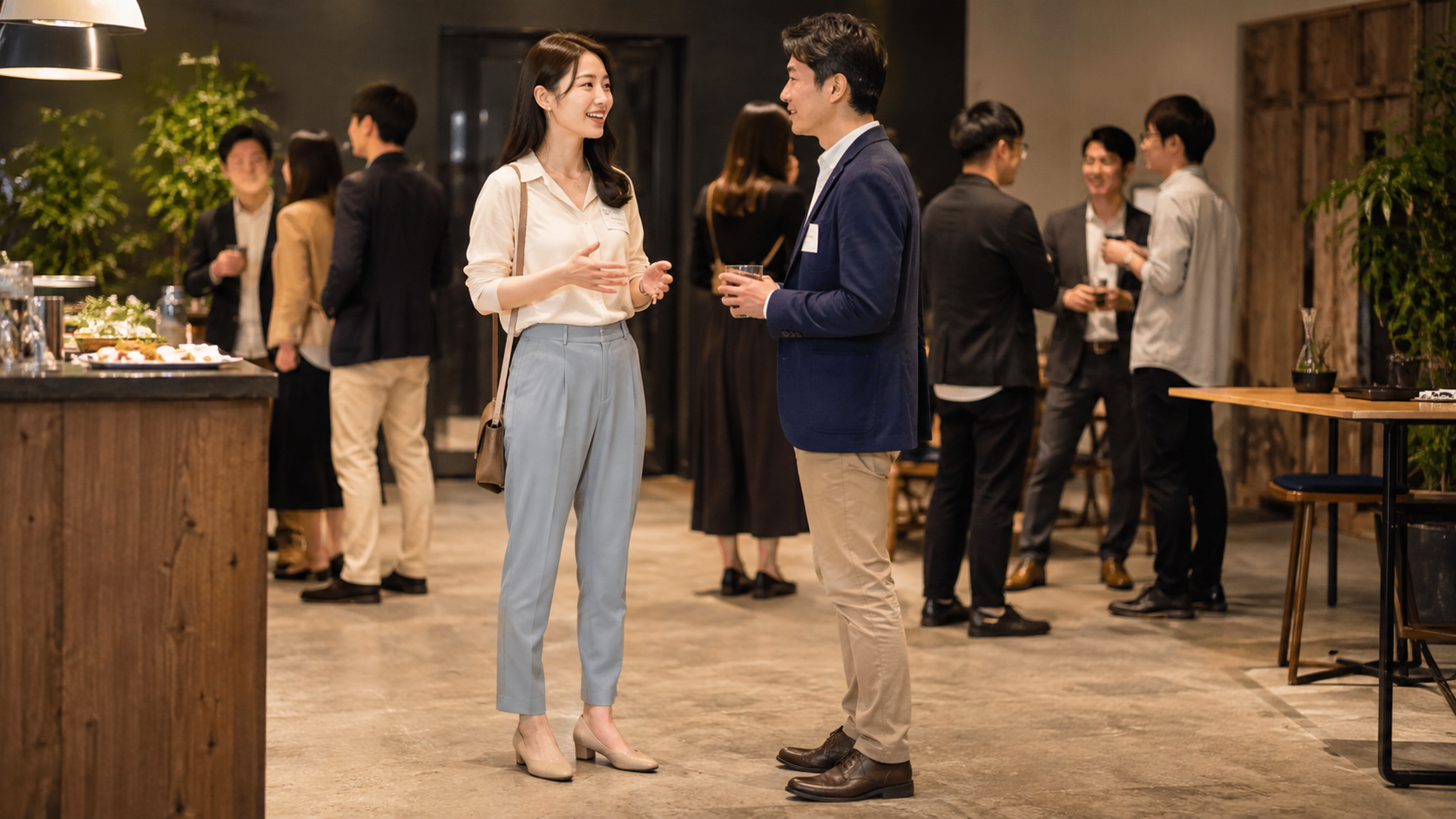 街コンで会話を楽しむ高身長女子の服装