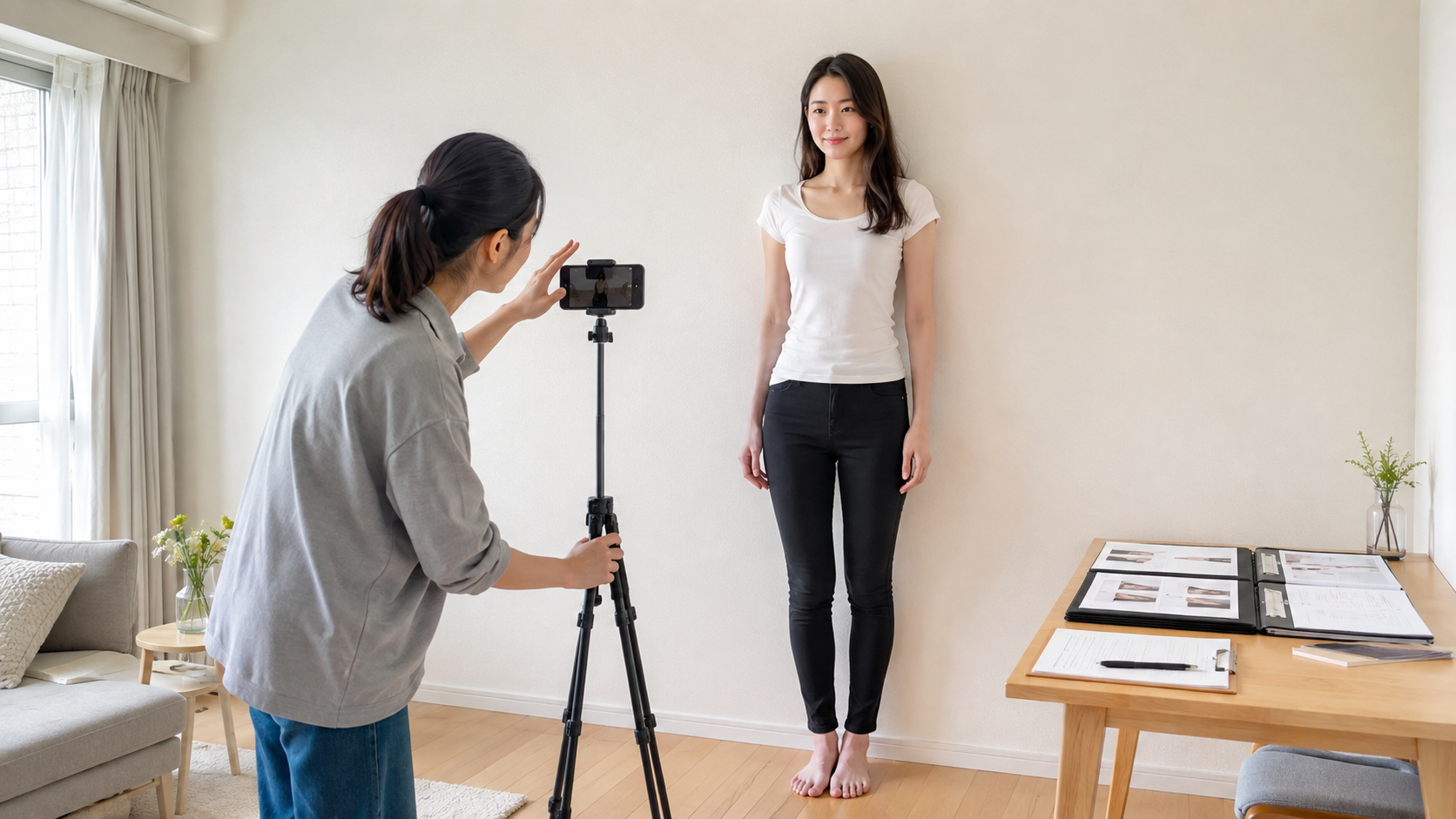 高身長女子がスマホで全身のモデル応募写真を撮影する様子