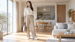 肩の力を抜いて自然に立つ高身長女子