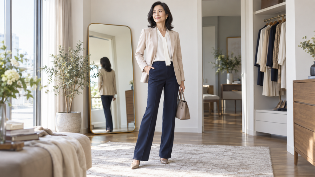 50代の高身長女性が丈の合うジャケットとパンツを着たコーデ