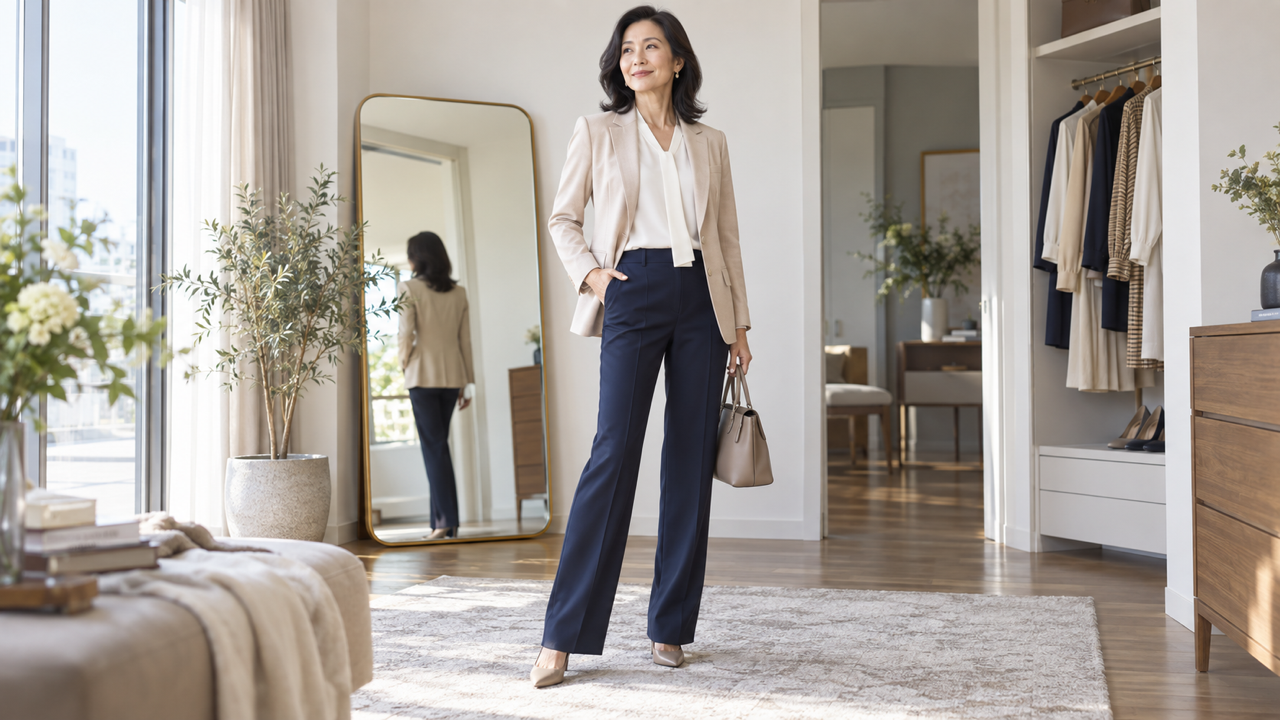 50代の高身長女性が丈の合うジャケットとパンツを着たコーデ