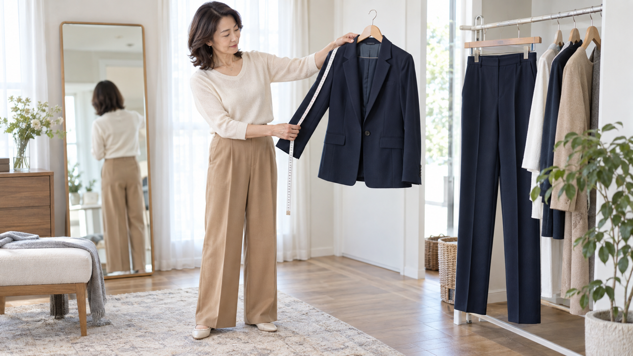 50代の高身長女性がジャケットの袖丈をメジャーで測る様子