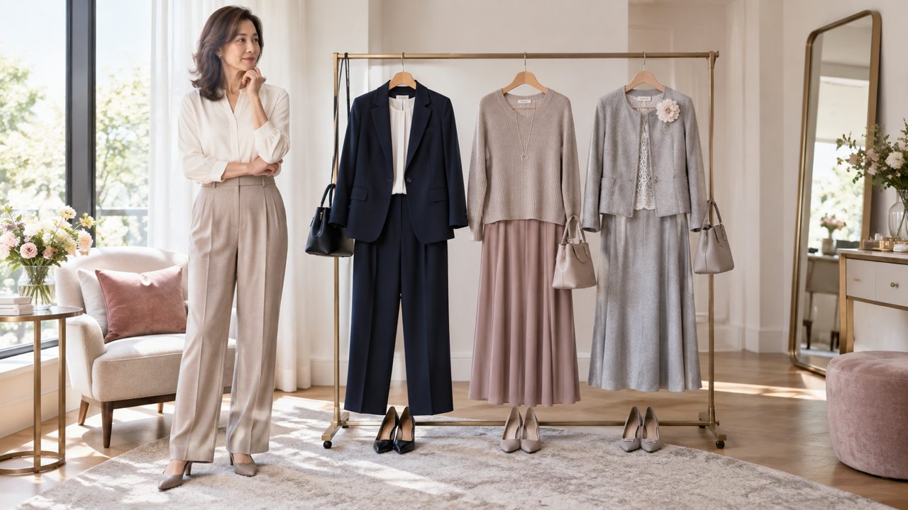 仕事・外出・式典向けの3種類の服を選ぶ50代の高身長女性
