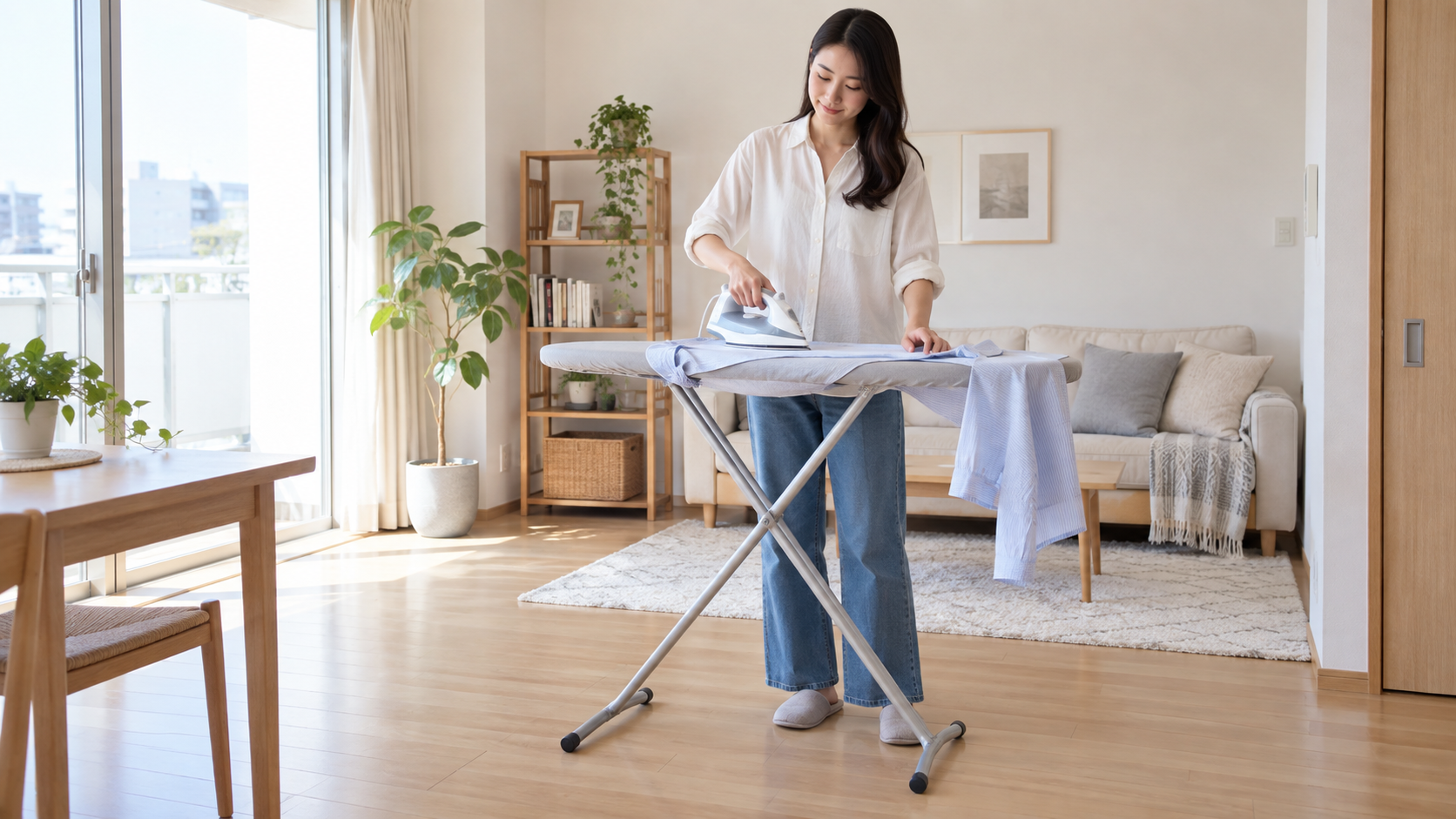 スタンド式アイロン台でシャツを整える女性のイメージ
