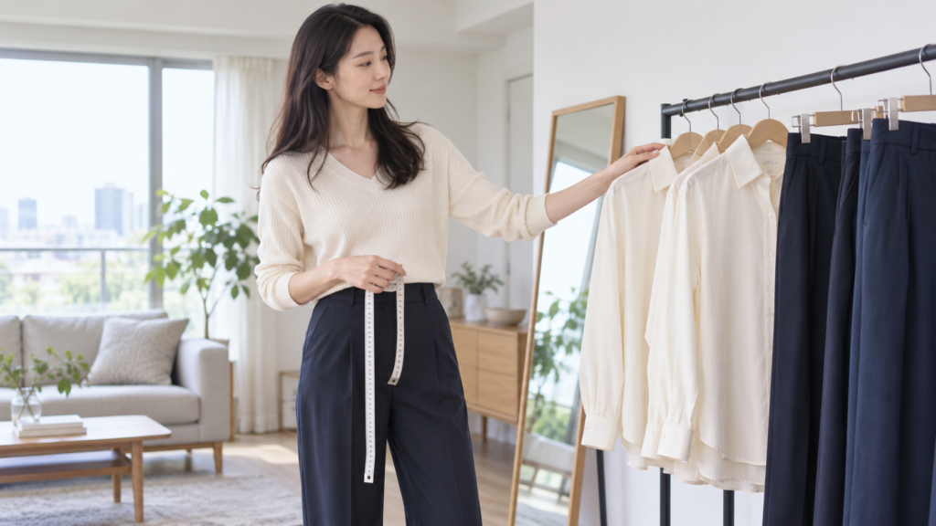 メジャーを持ってシャツとパンツを選ぶ女性のイメージ
