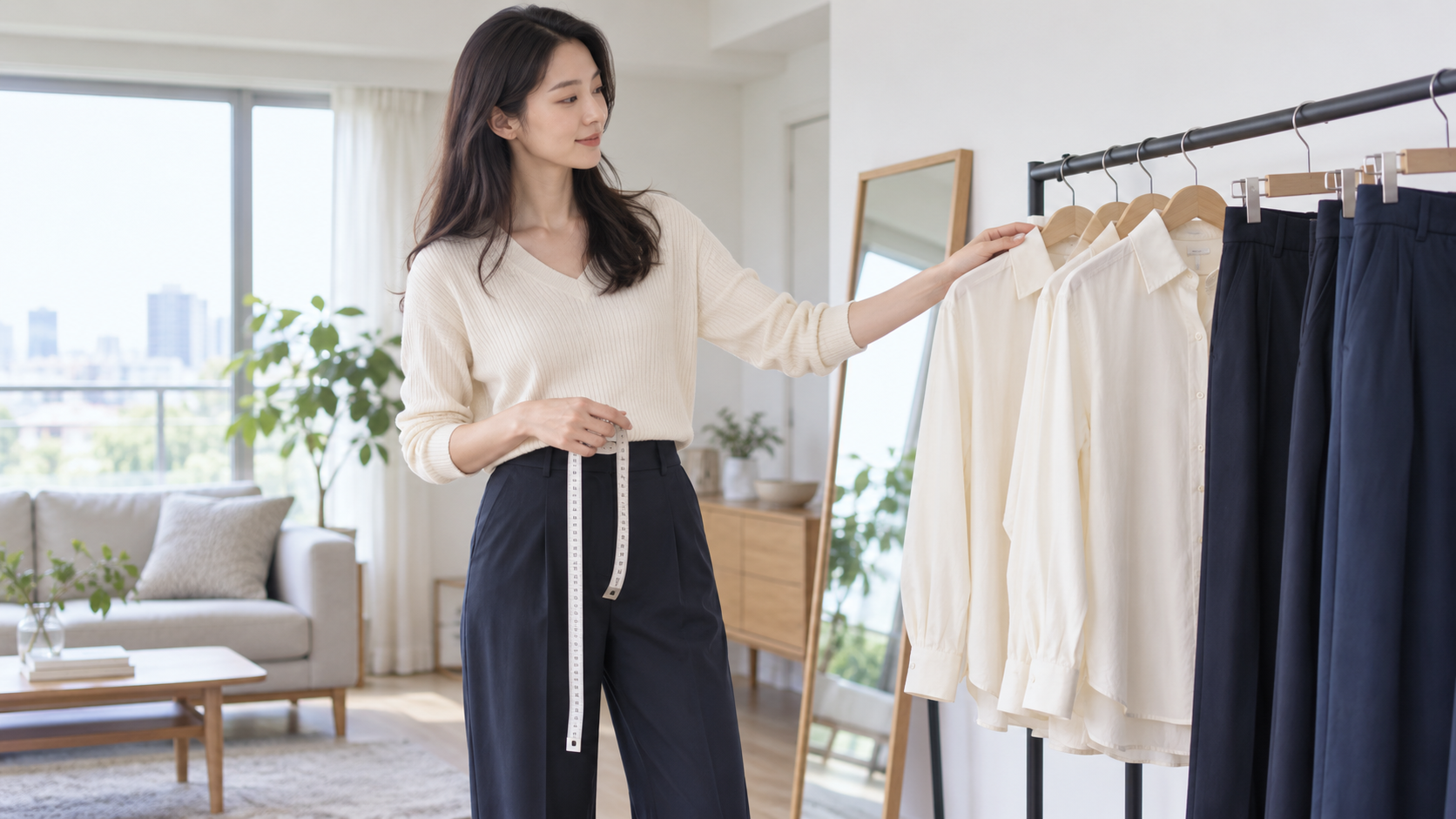 メジャーを持ってシャツとパンツを選ぶ女性のイメージ