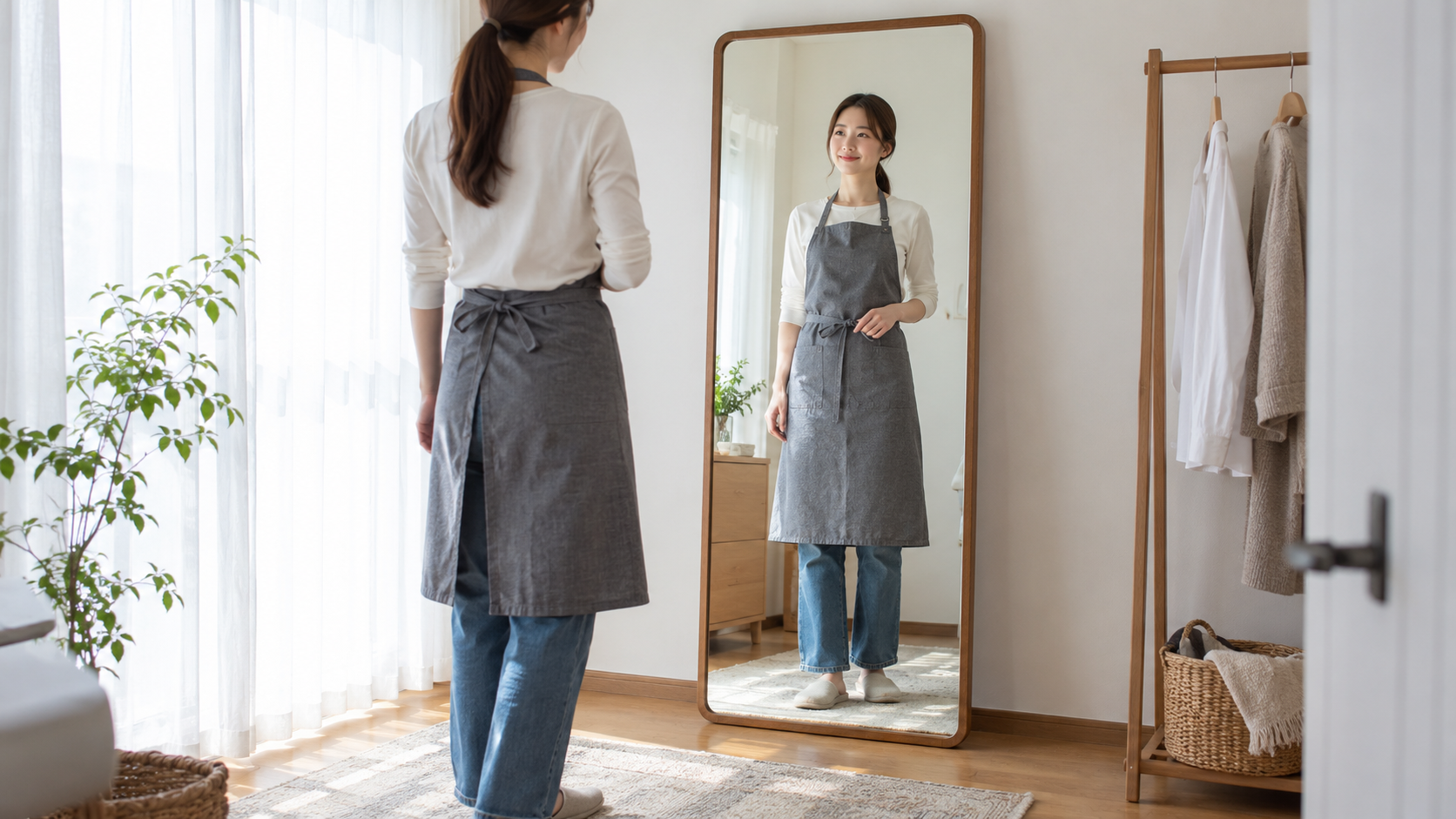 鏡でエプロンの胸当てと裾の位置を確認する女性