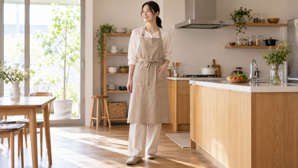 キッチンで胸当て付きのエプロンを着用する女性