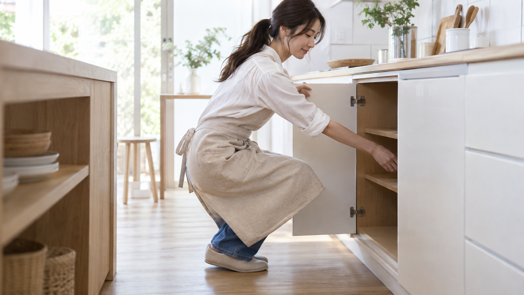 エプロンを着けて軽くしゃがみ裾の動きを確認する女性