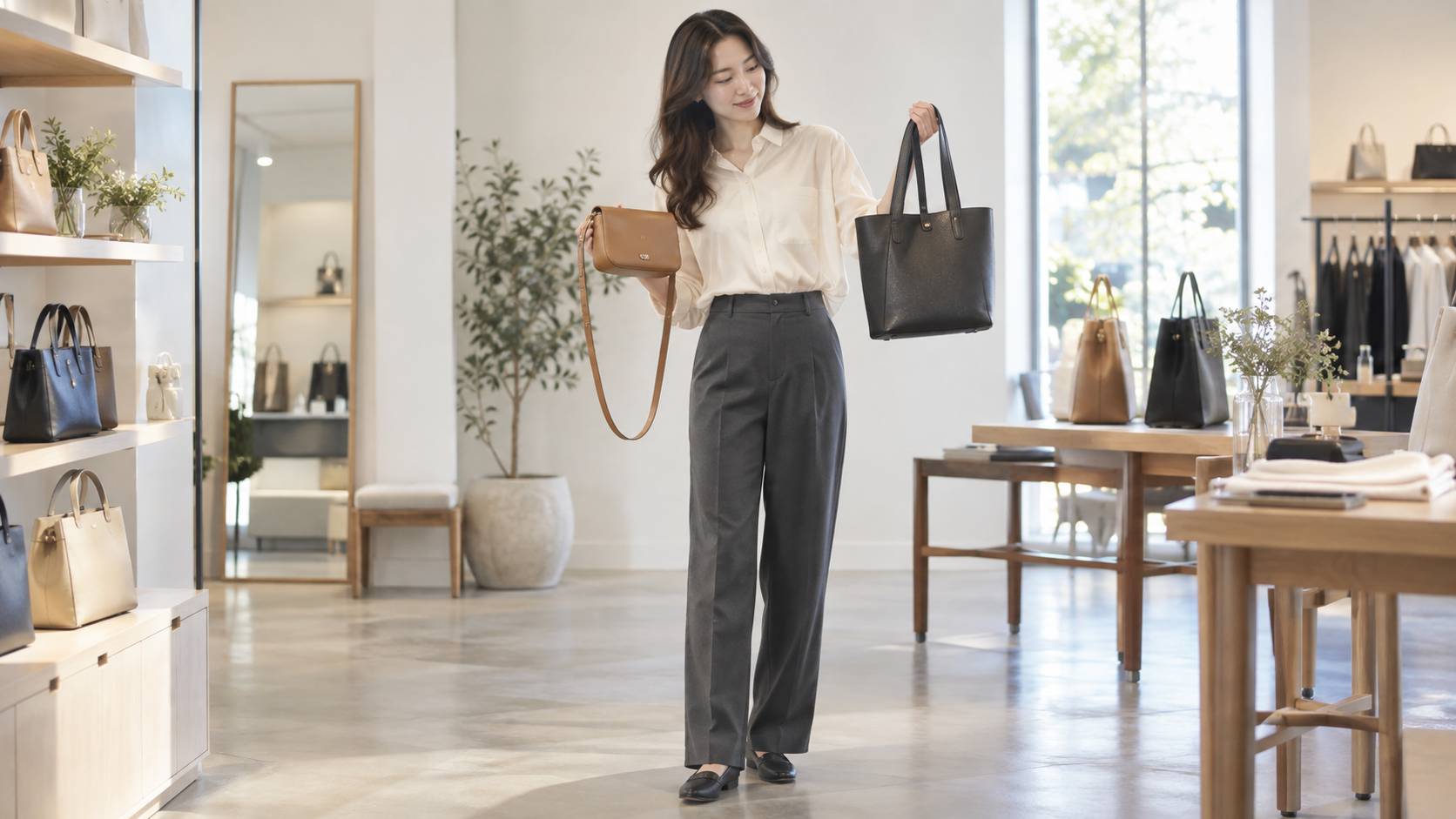 小さいショルダーバッグと大きめのトートバッグを手に持って比べる女性