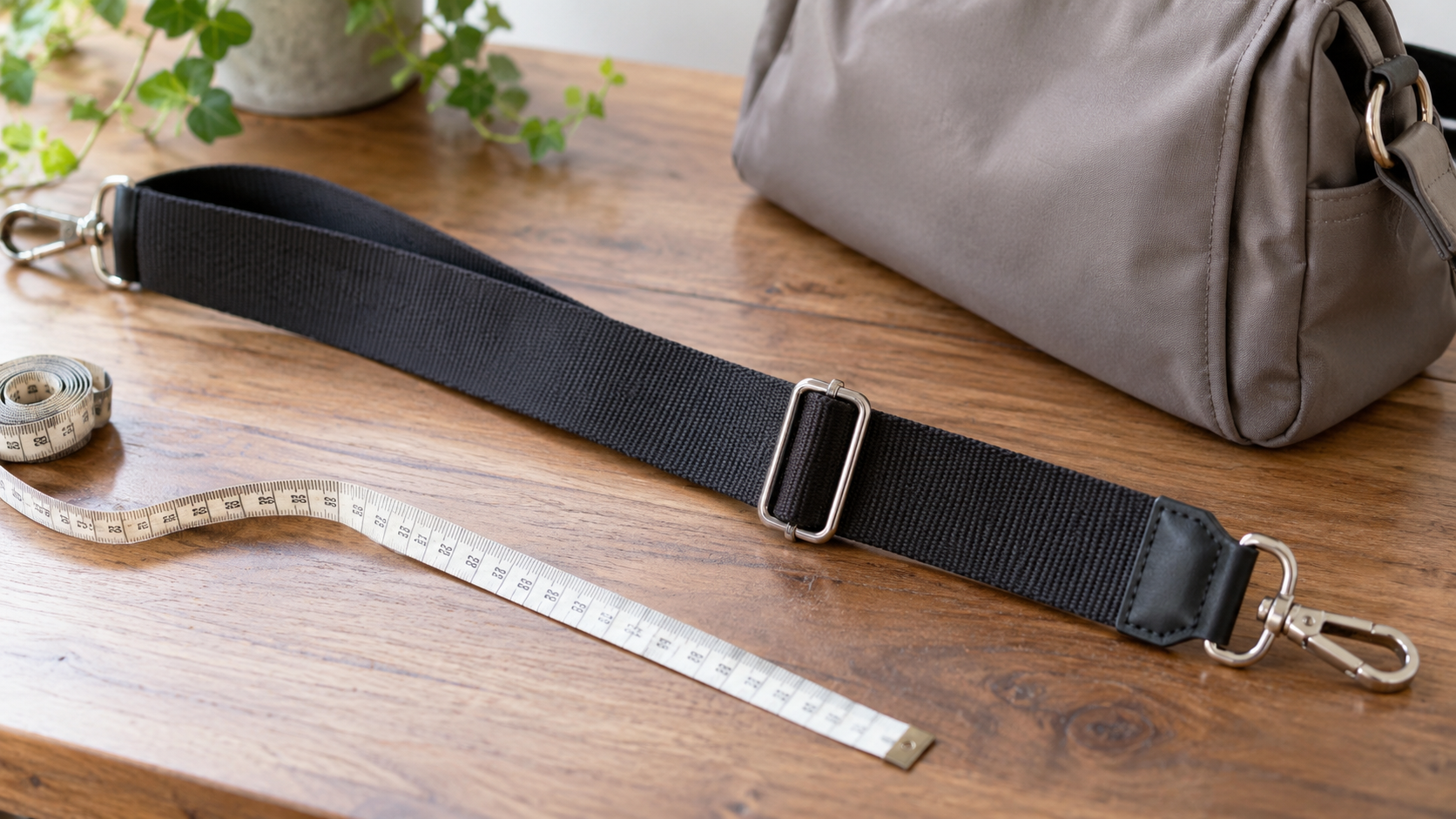 取り外した黒いストラップと金具の横に置いたメジャー