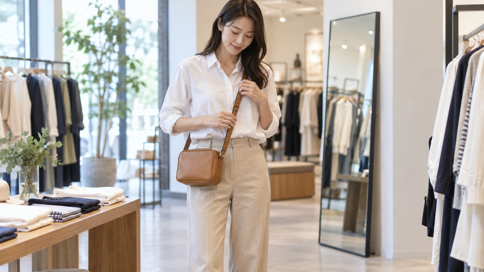 茶色いショルダーバッグを斜め掛けしストラップを調整する女性