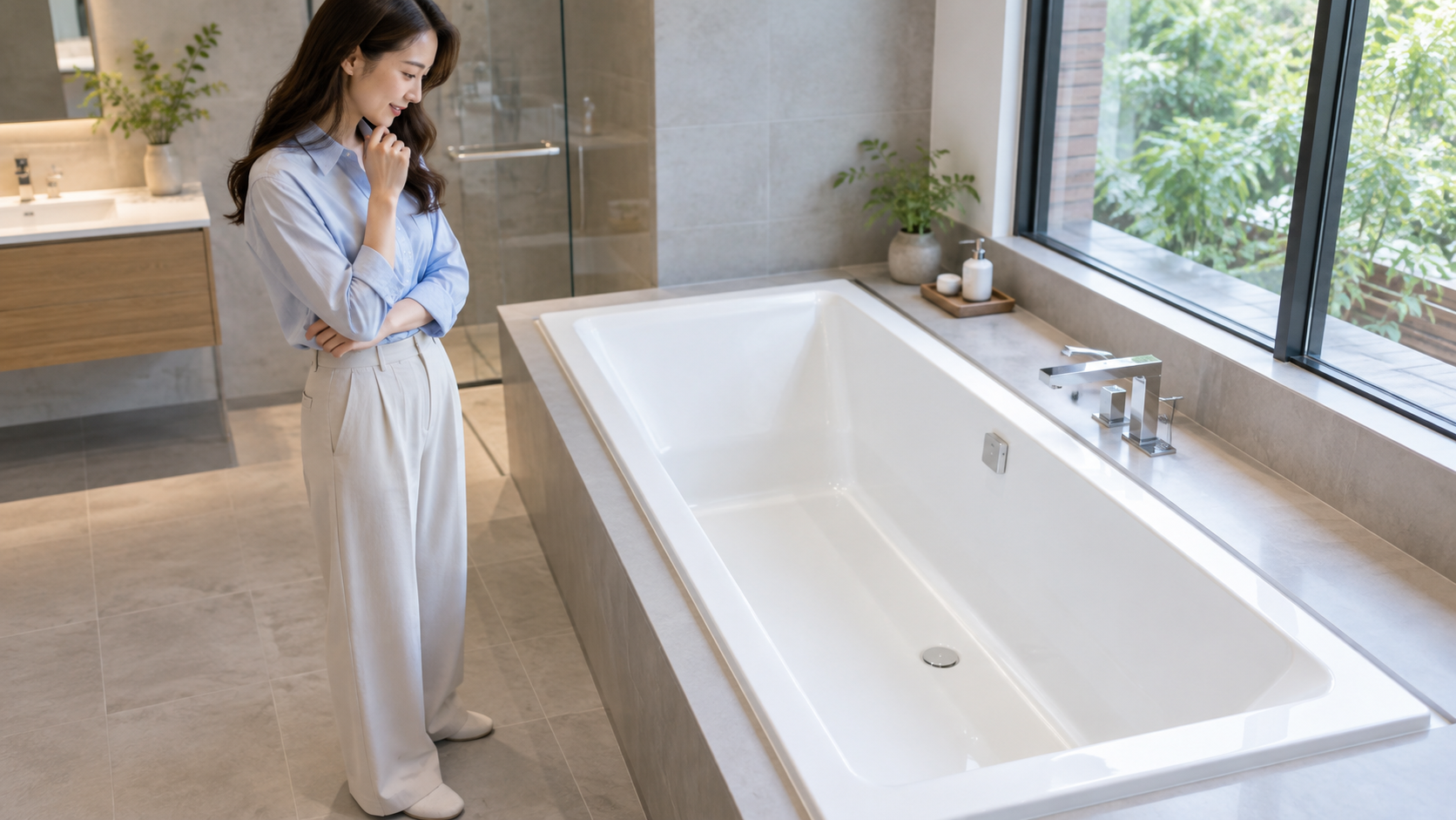 浴槽の内側を確認する女性のイメージ