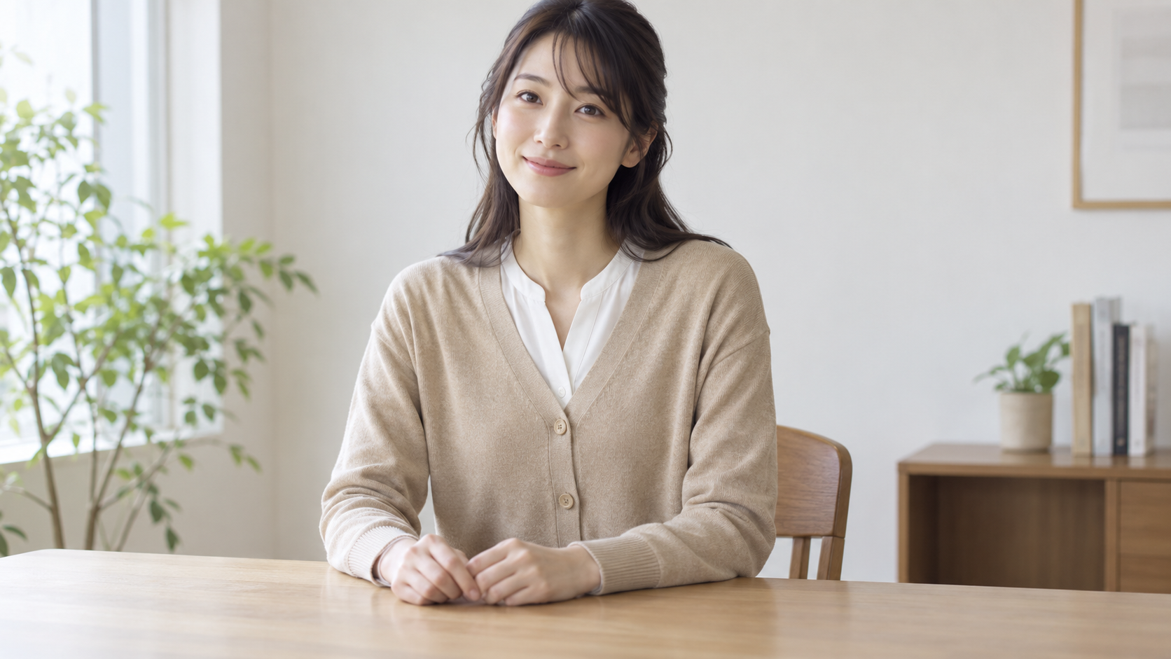 前を閉じたカーディガンで机に腕を置く女性