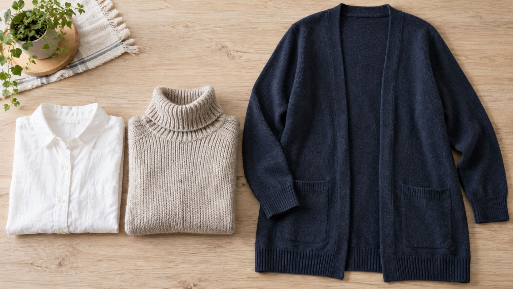 薄手のシャツと厚手のニットを並べた重ね着の比較