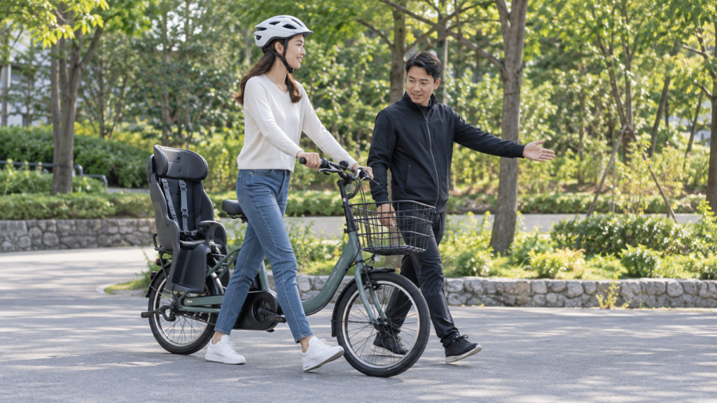 店員の案内で子乗せ自転車の押し歩きを確認する女性