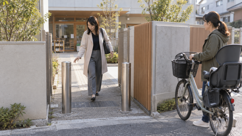 園の入口で車止めと通路幅を徒歩で確認する様子