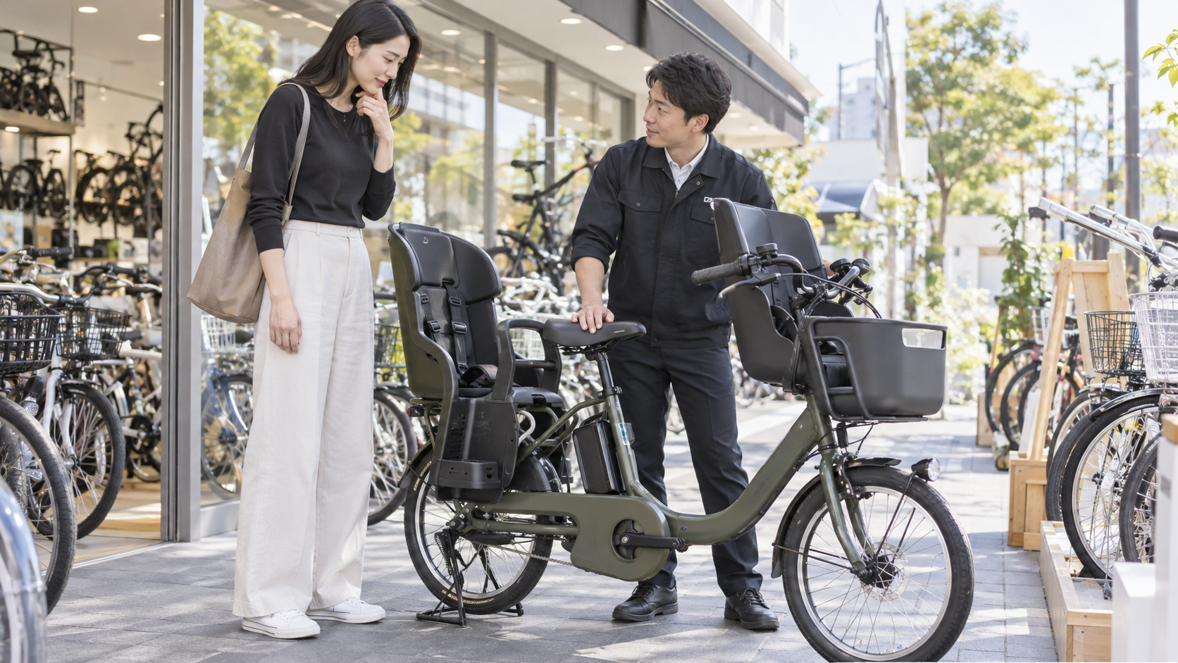 自転車店で子乗せ自転車の足つきと操作を相談する高身長の女性