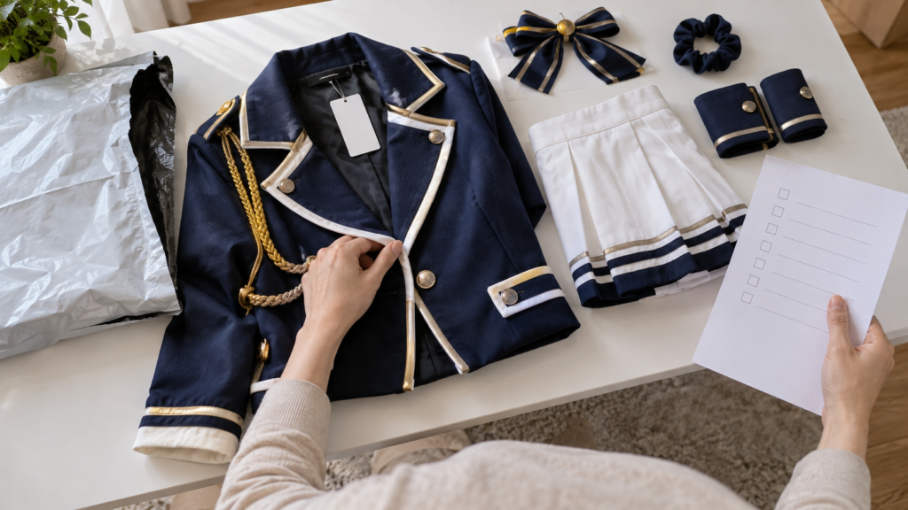 タグ付き衣装と付属品と外袋を机に並べて確認する手元