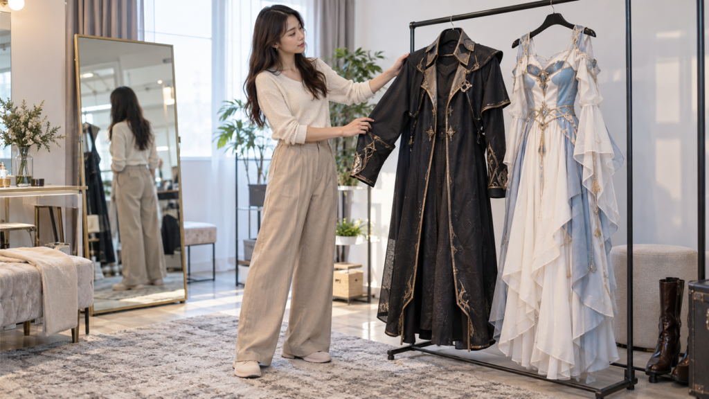 ロングジャケットと腰の切替があるワンピースを確認する女性